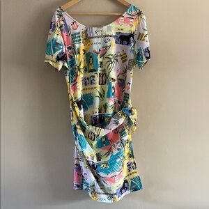 Vintage Line Two Caribbean Novelty Sarong Zip Short Sleeve Dress Resort Size 8